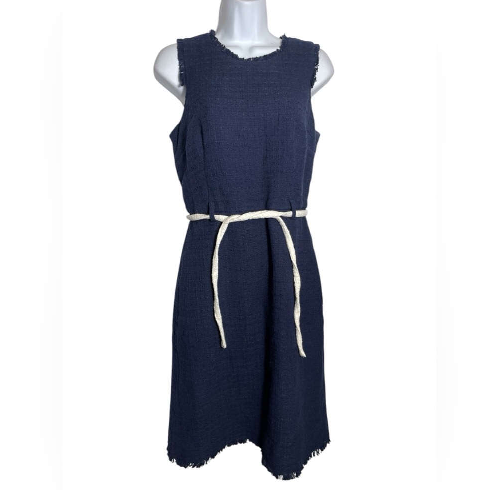J Crew dress size 6 navy blue cotton sleeveless belted dress w/fringe edges 💙